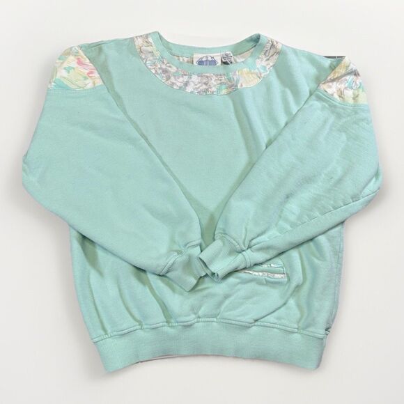 VTG Line Up Mint Grn Sweatshirt L  100% Cotton Floral Collar 80s 90s Cottagecore - Picture 1 of 7